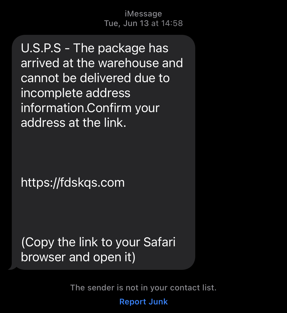 Screenshot of scam text message